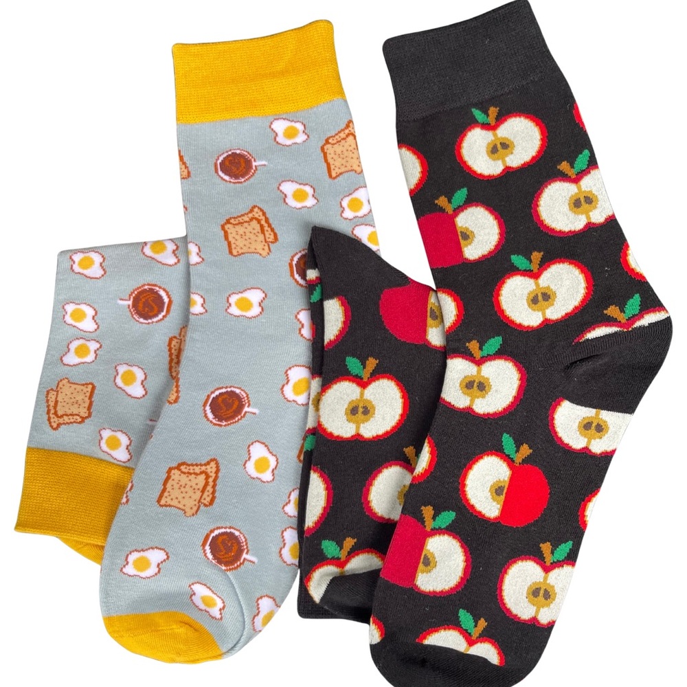 Colorful, Fun Novelty‎ Socks For Women- 2 Pair Set Apple & Breakfast Foods  NEW